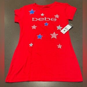 Bebe Red T-shirt with Red White Blue & Silver Stars Sz: S